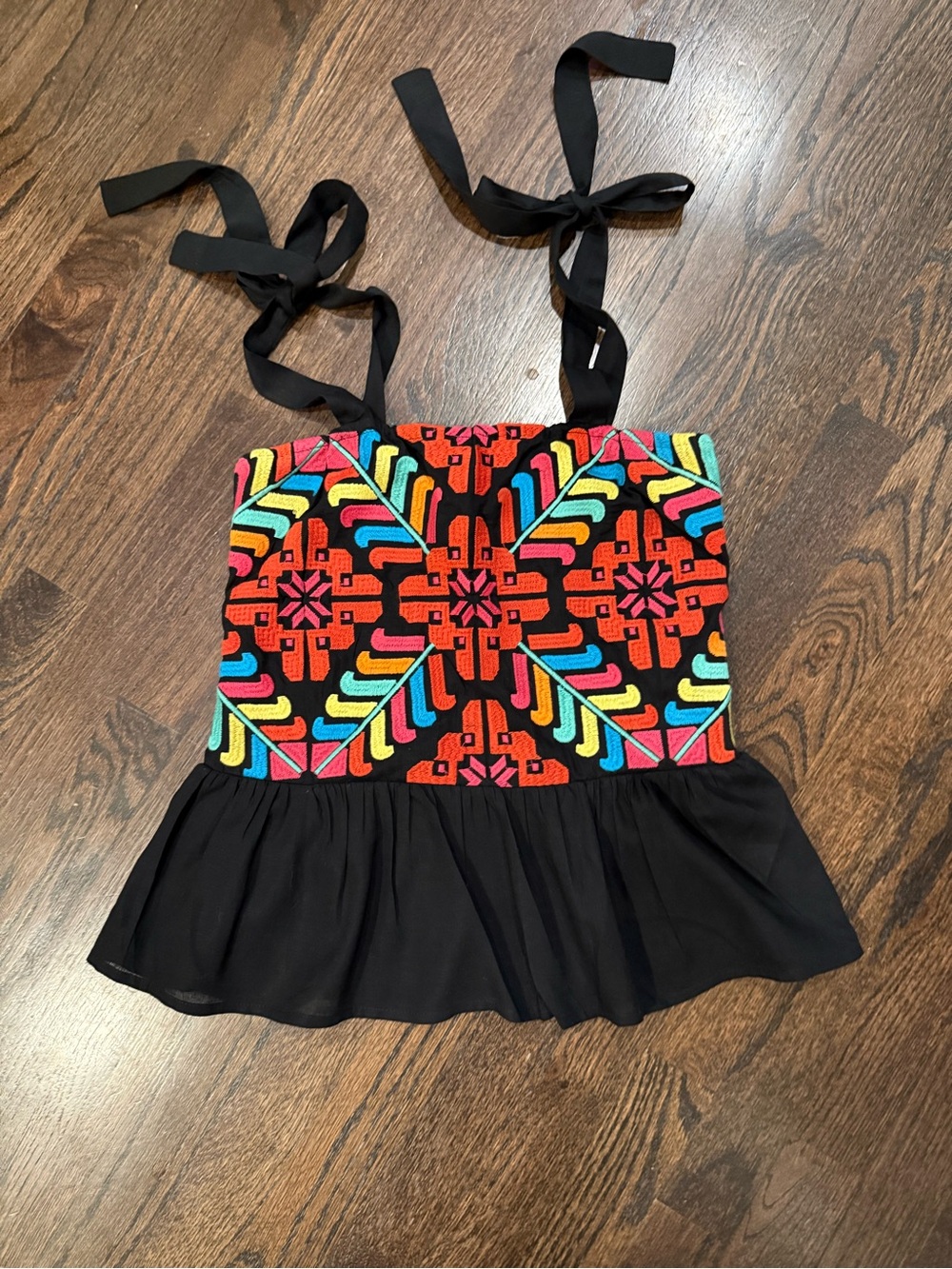 Embroidered Strap Tie Peplum Top - Black with Multicolor Embroidery